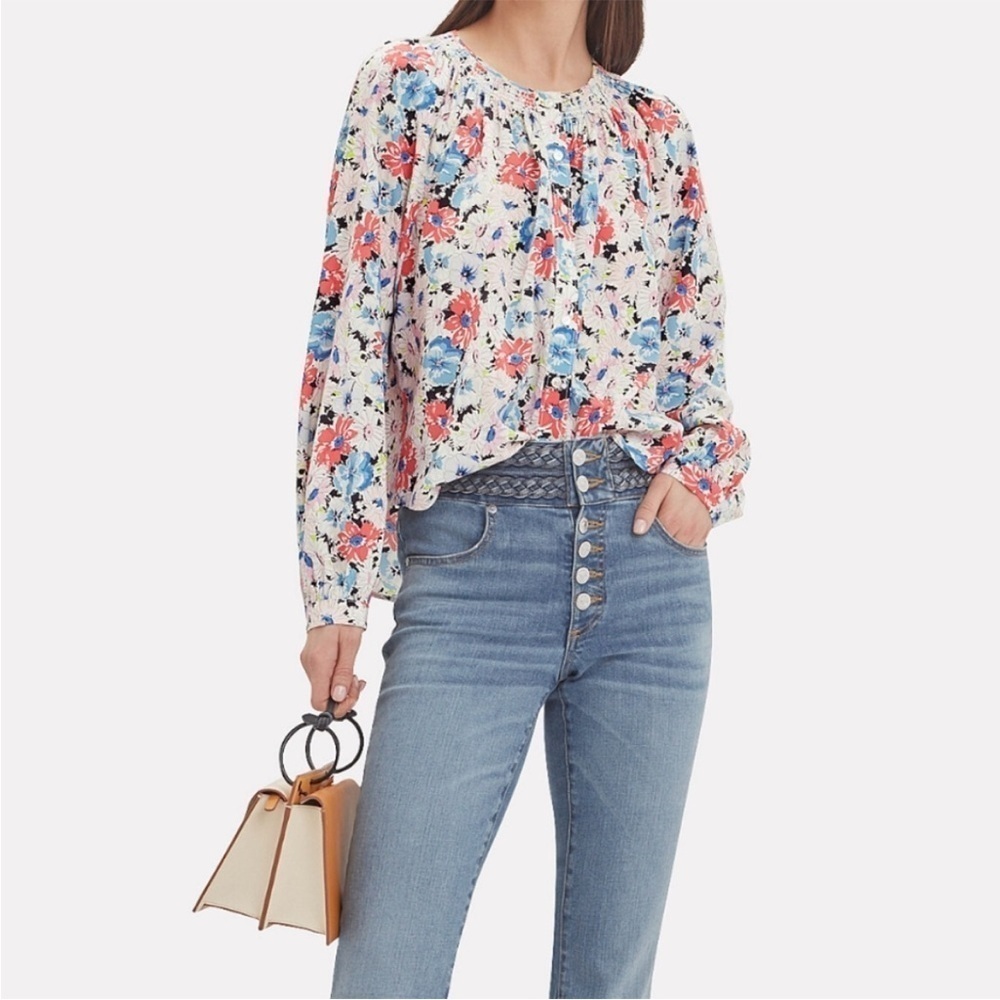 Veronica Beard Silk Madge Button Multi Floral Silk Red Blue Blouse Sz 2